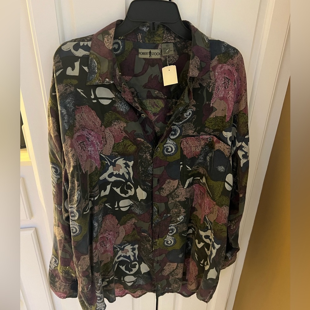 New vintage Robert Stock Men's XL Silk Multicolor Pattern button down Shirt NWT